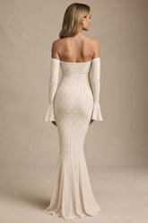 Off-Shoulder Ruffle Lace Maxi Dress in Ivory